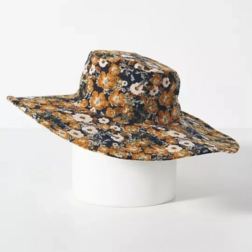 New With Tags Anthropologie Wide Brim Floral Corduroy Bucket Hat